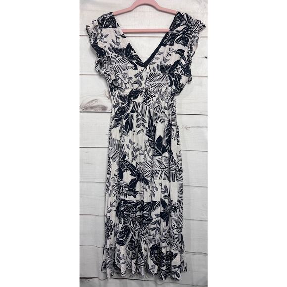 FATE Midi Dress Navy Blue White Ruffles Rouched Waist Size MED - Picture 2 of 5